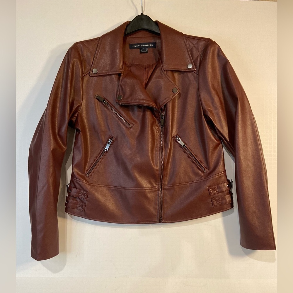French Connection~Maroon Faux Leather Asymmetric Moto Jacket~Fully Lined~Size L